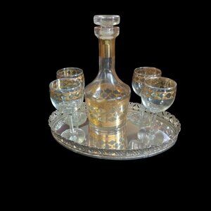 VINTAGE CULVER VALENCIA MCM 22K GOLD DECANTER SET WITH 4 WINE GLASSES